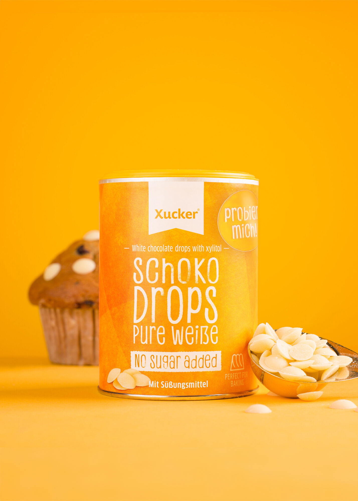 Weiße Schoko Drops ohne Zuckerzusatz in einer Dose 