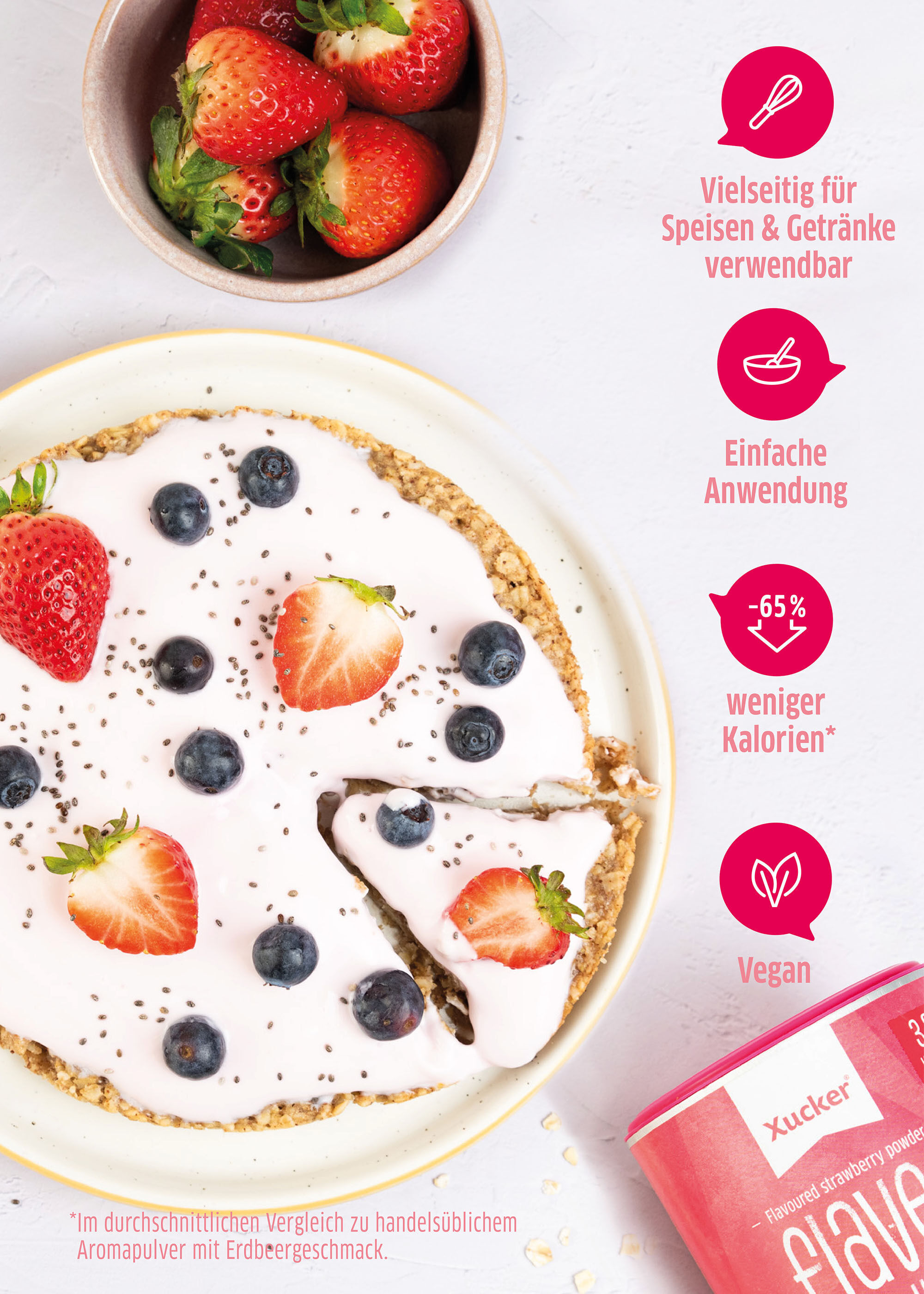 Flave Powder Produktvorteile und süße Pizza Abbildung