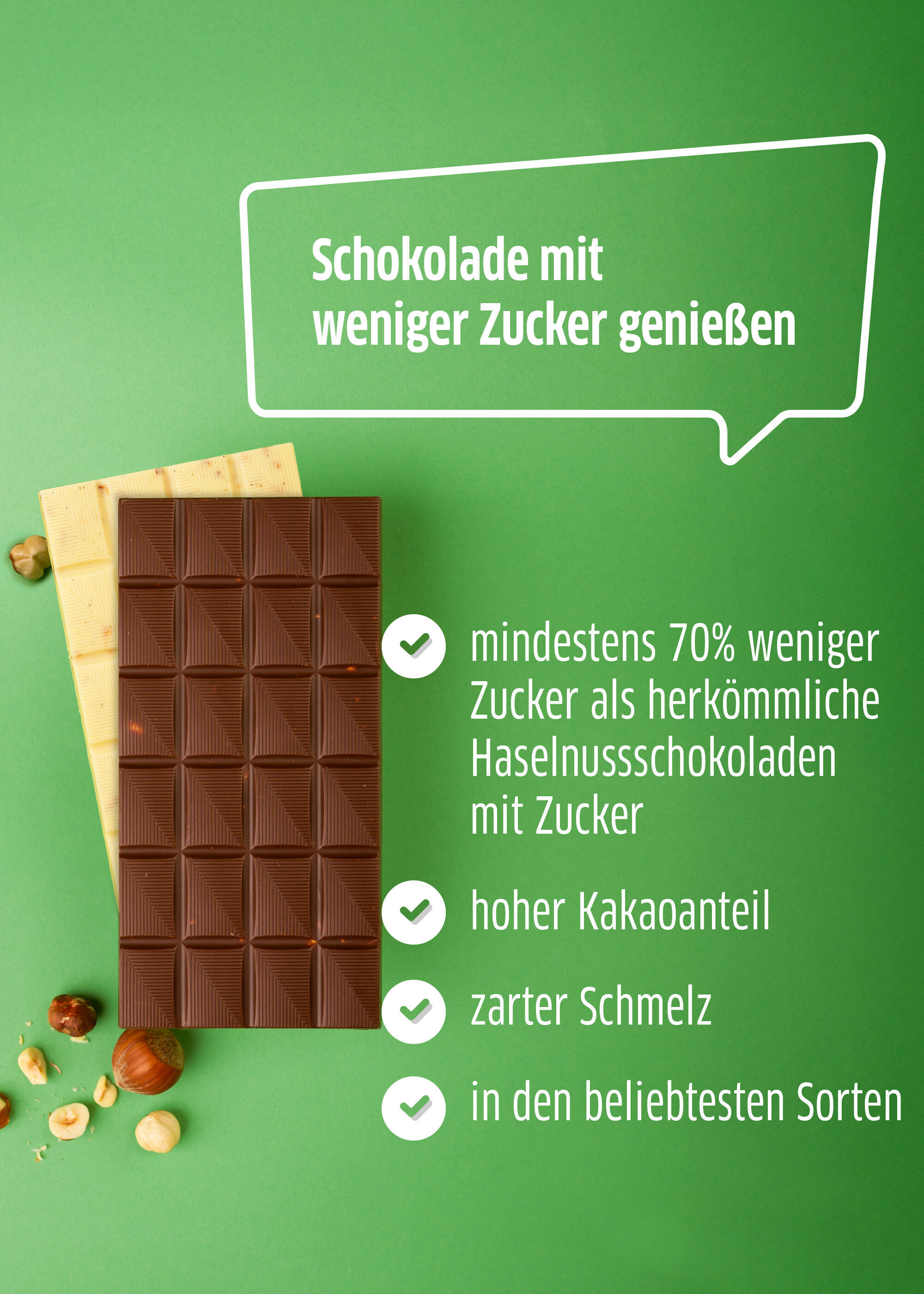 Xylit-Schokolade Vollmilch und weiß mit Haselnuss als Snack oder zum Backen verwendet.