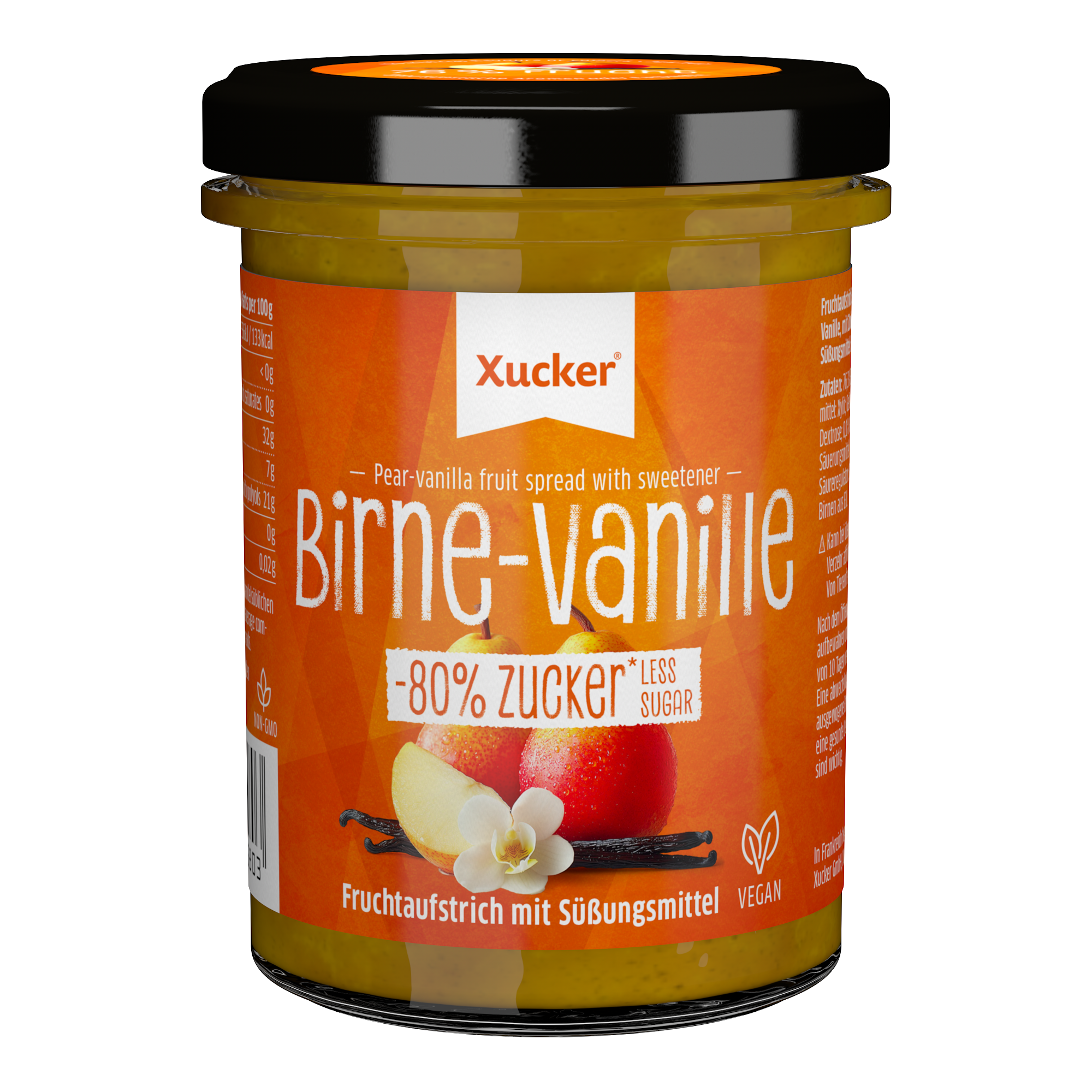 Fruchtaufstrich Birne Vanille von Xucker im Glas Frontetikett – im Online Shop, vegan, fruchtig, ohne Zuckerzusatz