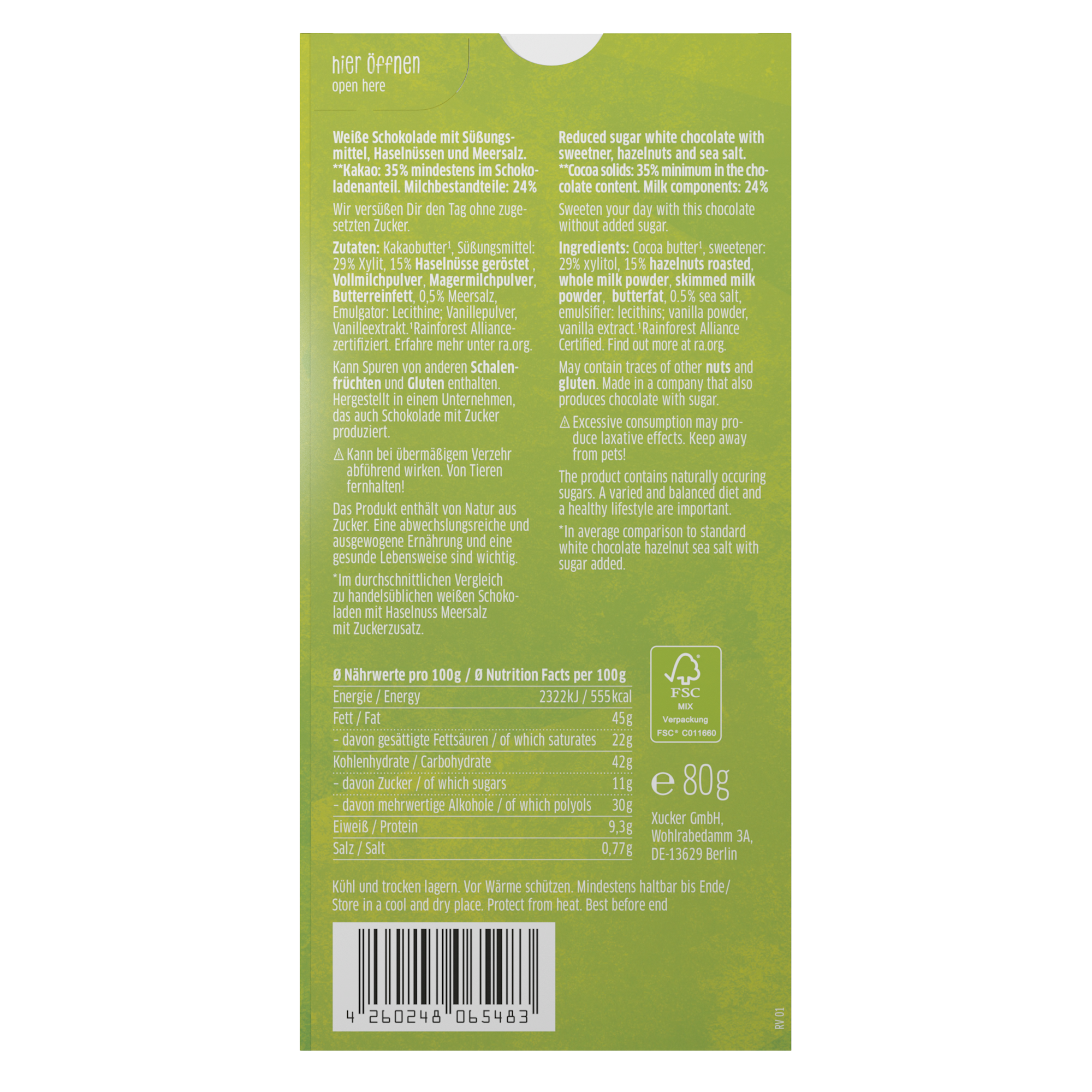 Weiße Xylit-Schokolade Haselnuss & Meersalz