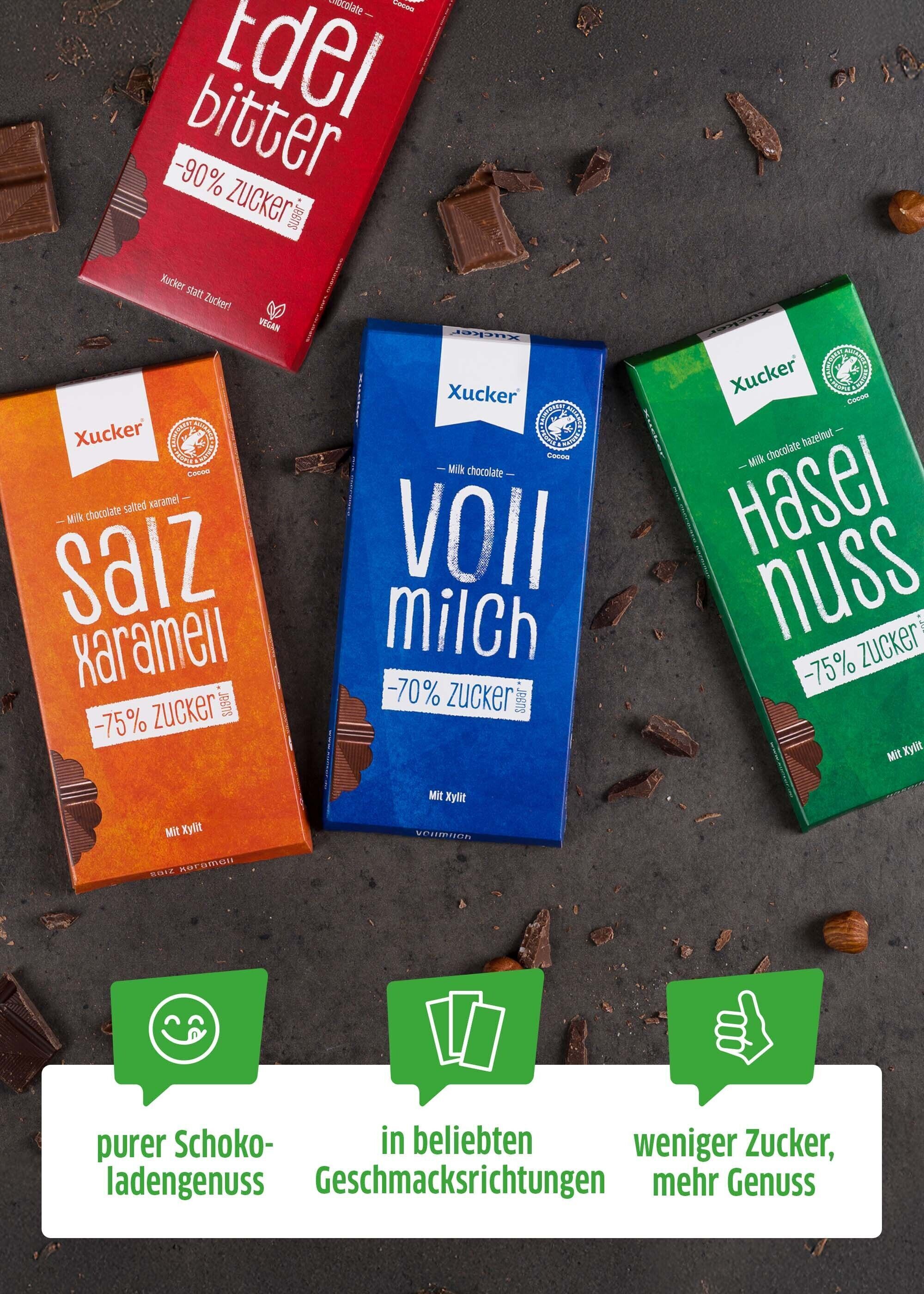 Vollmilchschokolade mit 20% Haselnüssen, gesüßt mit Xylit, 75% weniger Zucker.