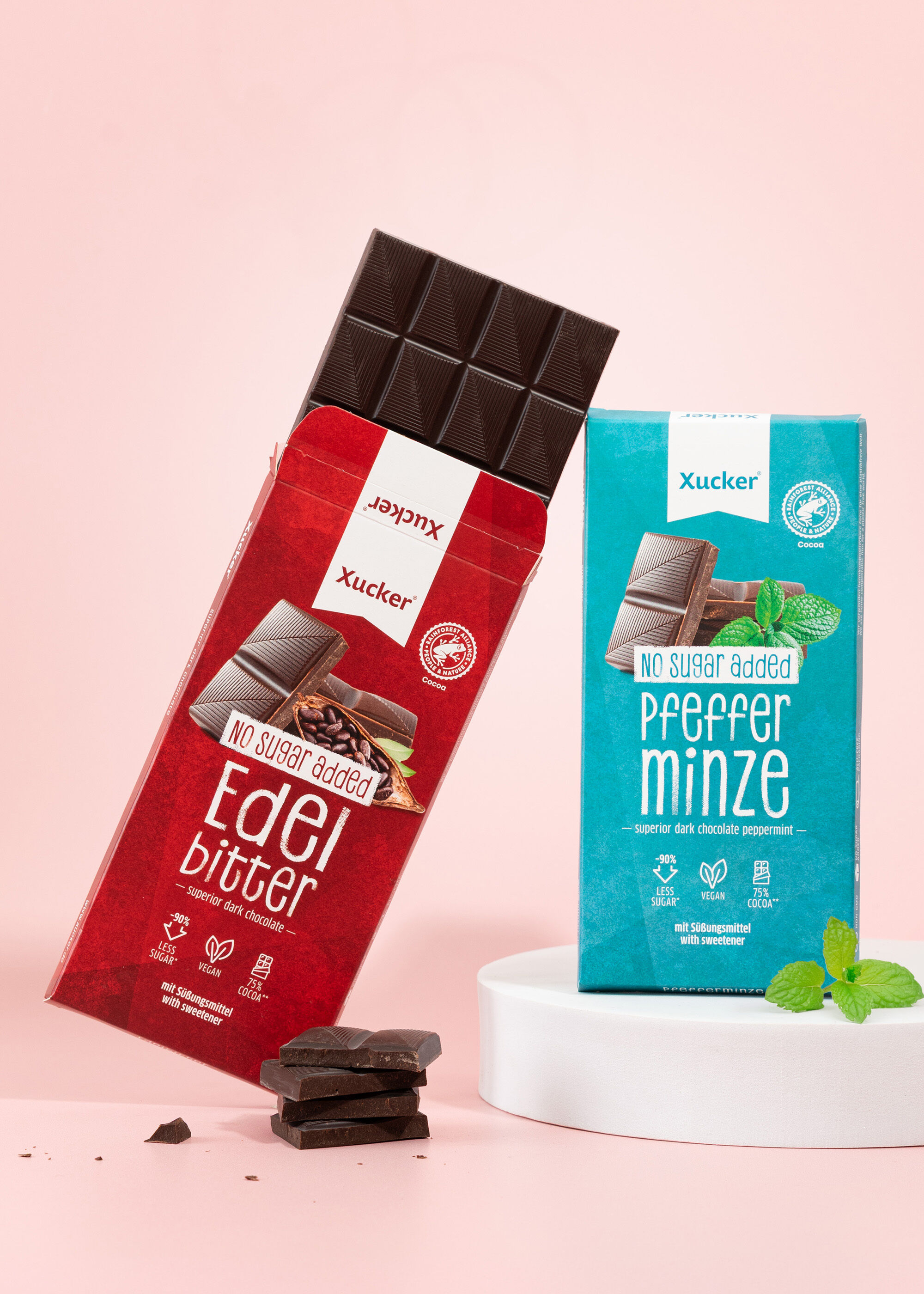 Xucker Schokoladen Vegan-Mix mit Edelbitter und Pfefferminz – zuckerreduziert, vegan und gesüßt mit Erythrit 