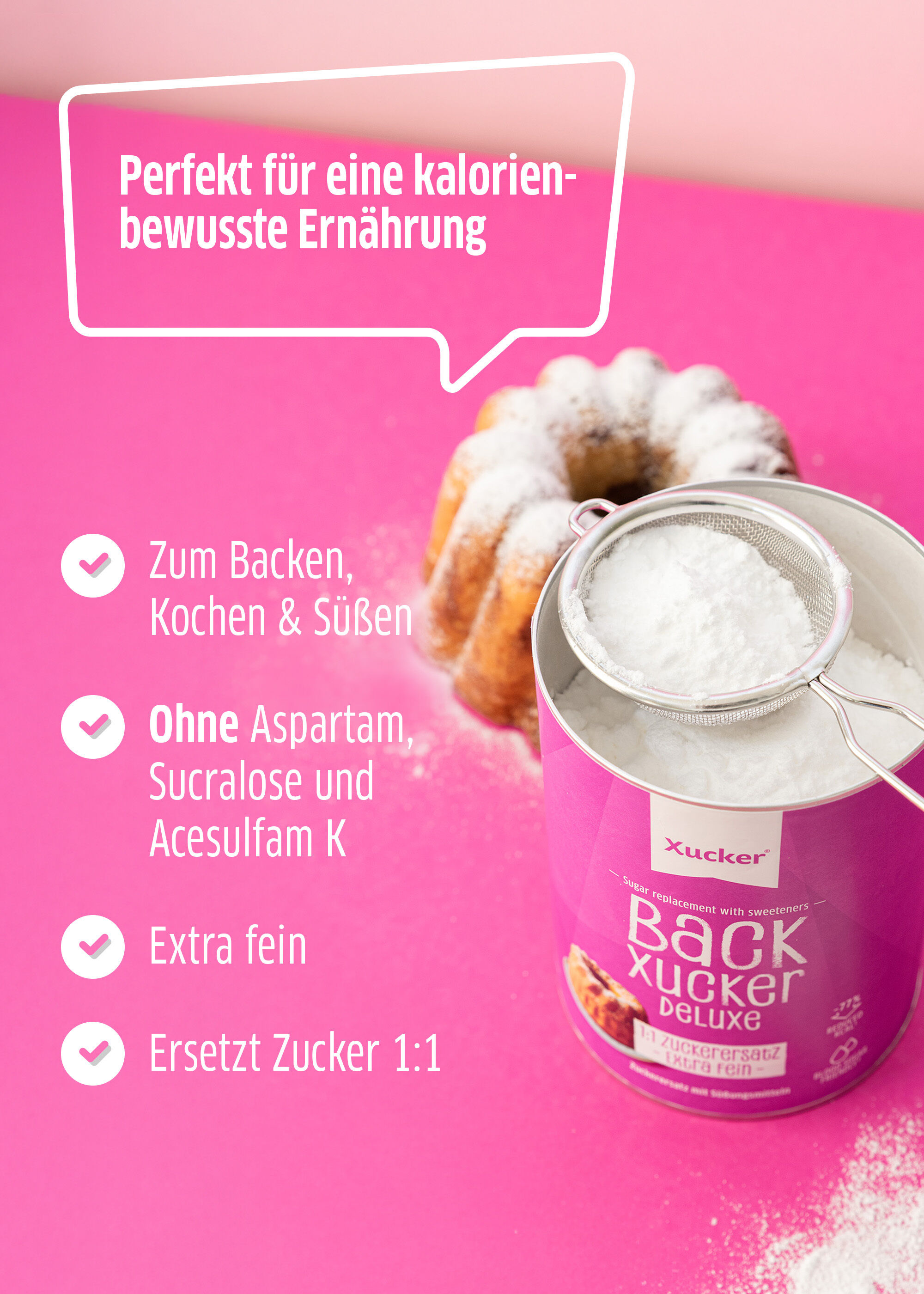 Voteile des Backxuckers mit geöffneter Dose und Guglhupf