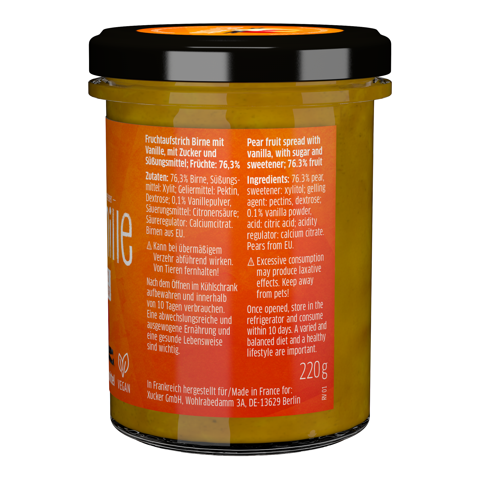 Fruchtaufstrich Birne Vanille von Xucker im Glas Zutatenliste – im Online Shop, vegan, fruchtig, ohne Zuckerzusatz