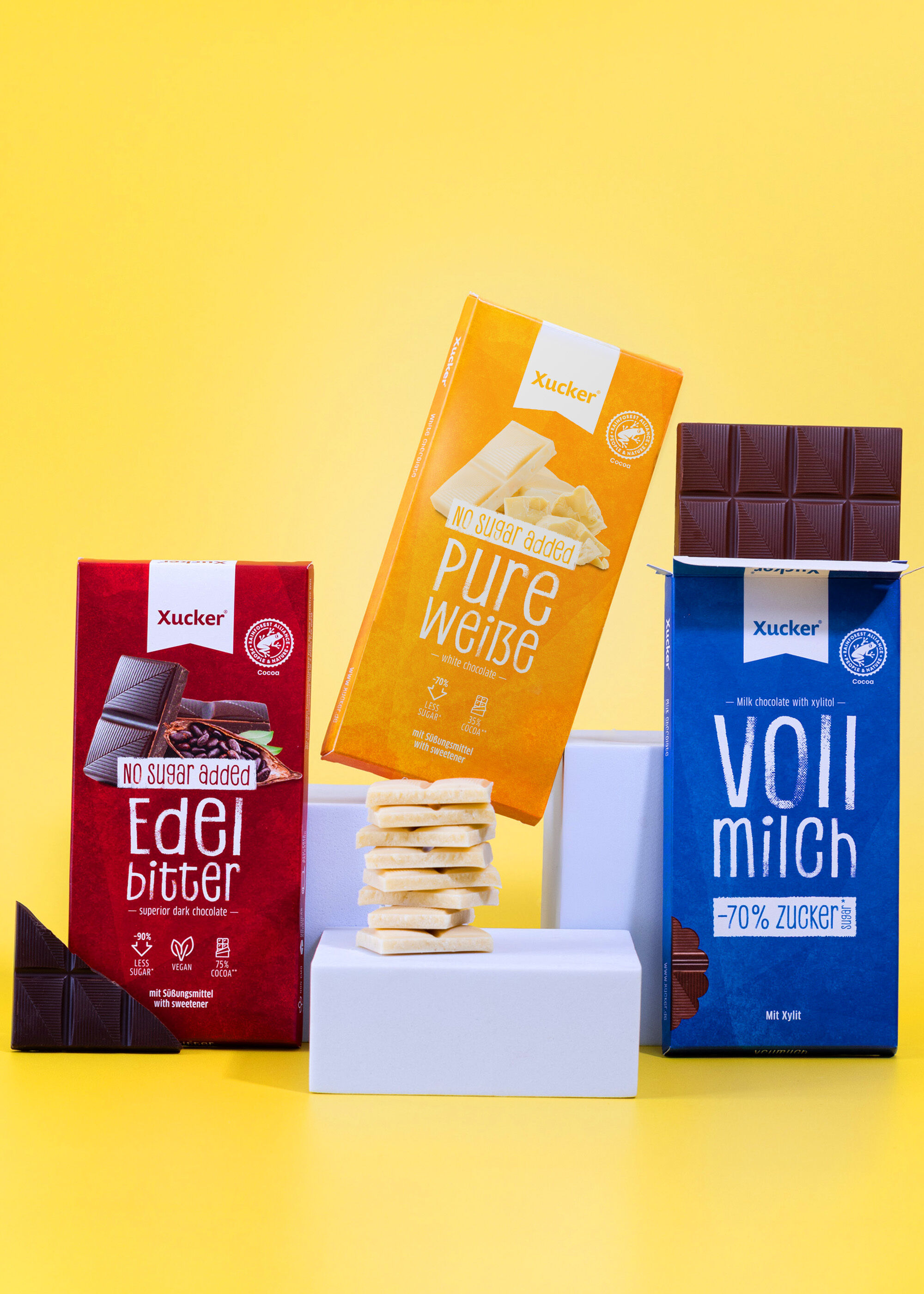 Xucker Schokoladen Klassik-Mix mit Vollmilch, Edelbitter und weißer Schokolade – ohne Zuckerzusatz 