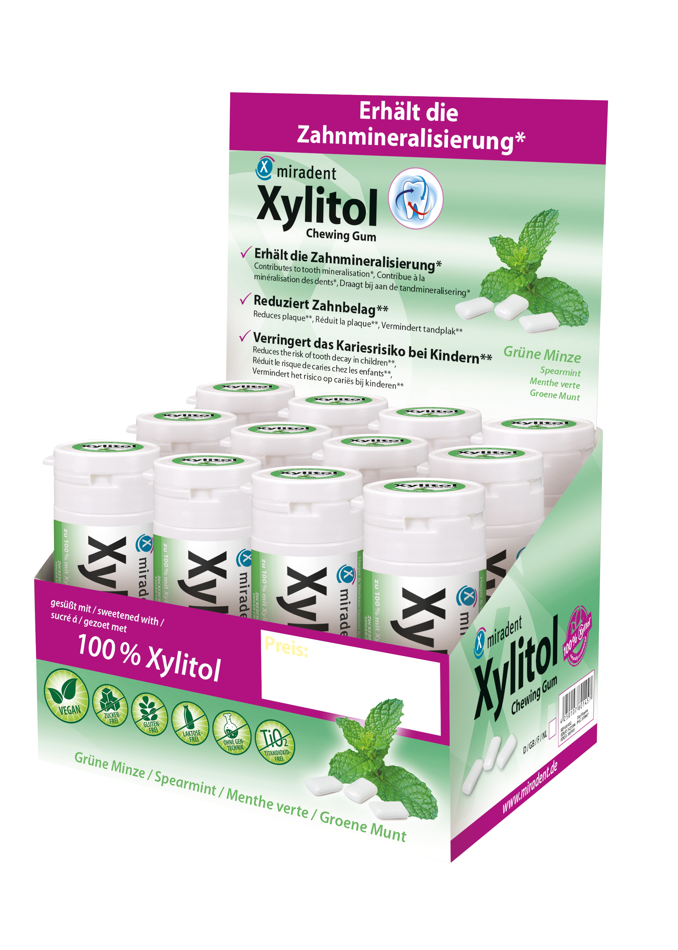 miradent Xylit-Kaugummis 12er-Karton Spearmint (mild)