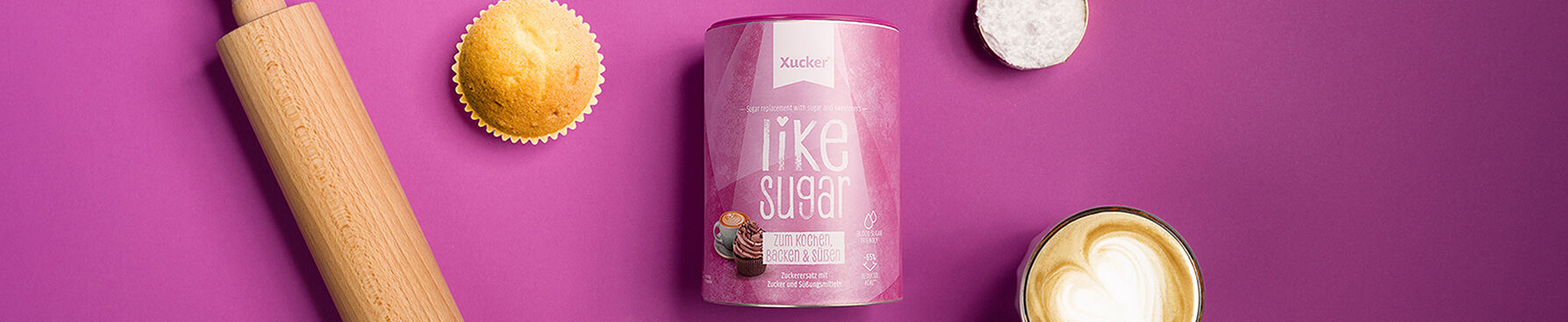 Zuckerersatz Xucker Like Sugar mit Anwendungsbeispielen Muffin, Kaffee und Dessert.