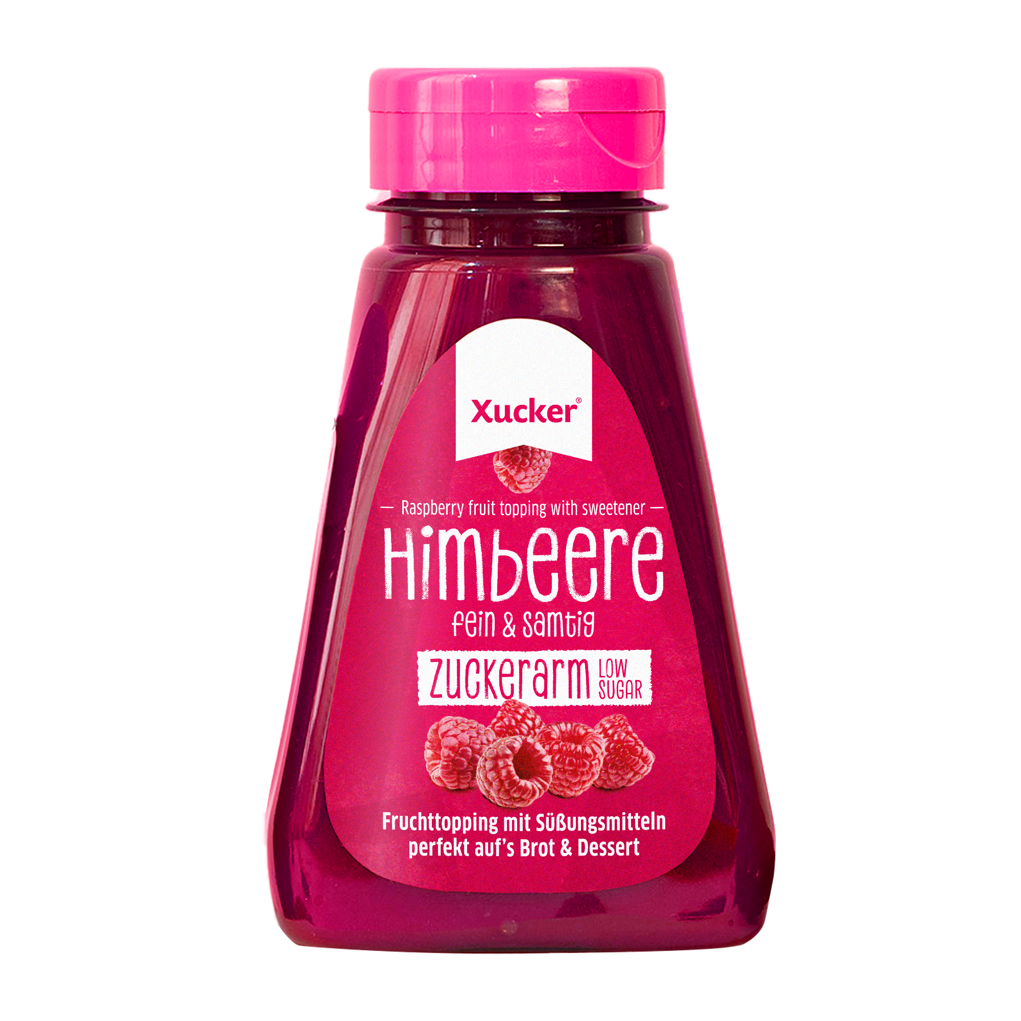 Xucker Himbeer-Fruchttopping in pinker Quetschflasche mit Produktaufdruck und Himbeerabbildung auf weißem Etikett.