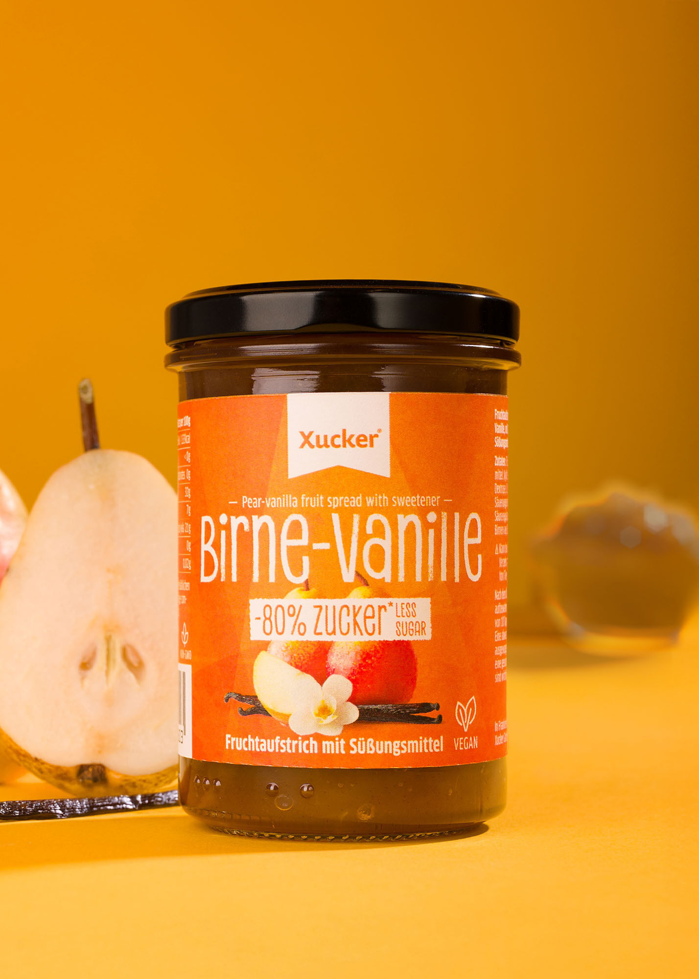 Fruchtaufstrich Birne Vanille von Xucker im Glas – Perfekt für Online Shop, vegan, fruchtig, ohne Zuckerzusatz