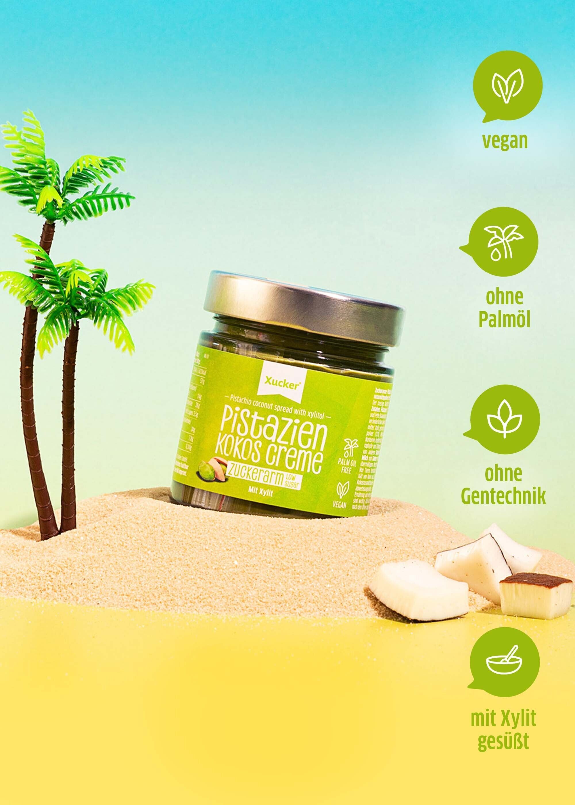 Xucker Pistazien-Kokos-Creme mit natürlichem Xylit – cremig, vegan und ohne Zuckerzusatz.