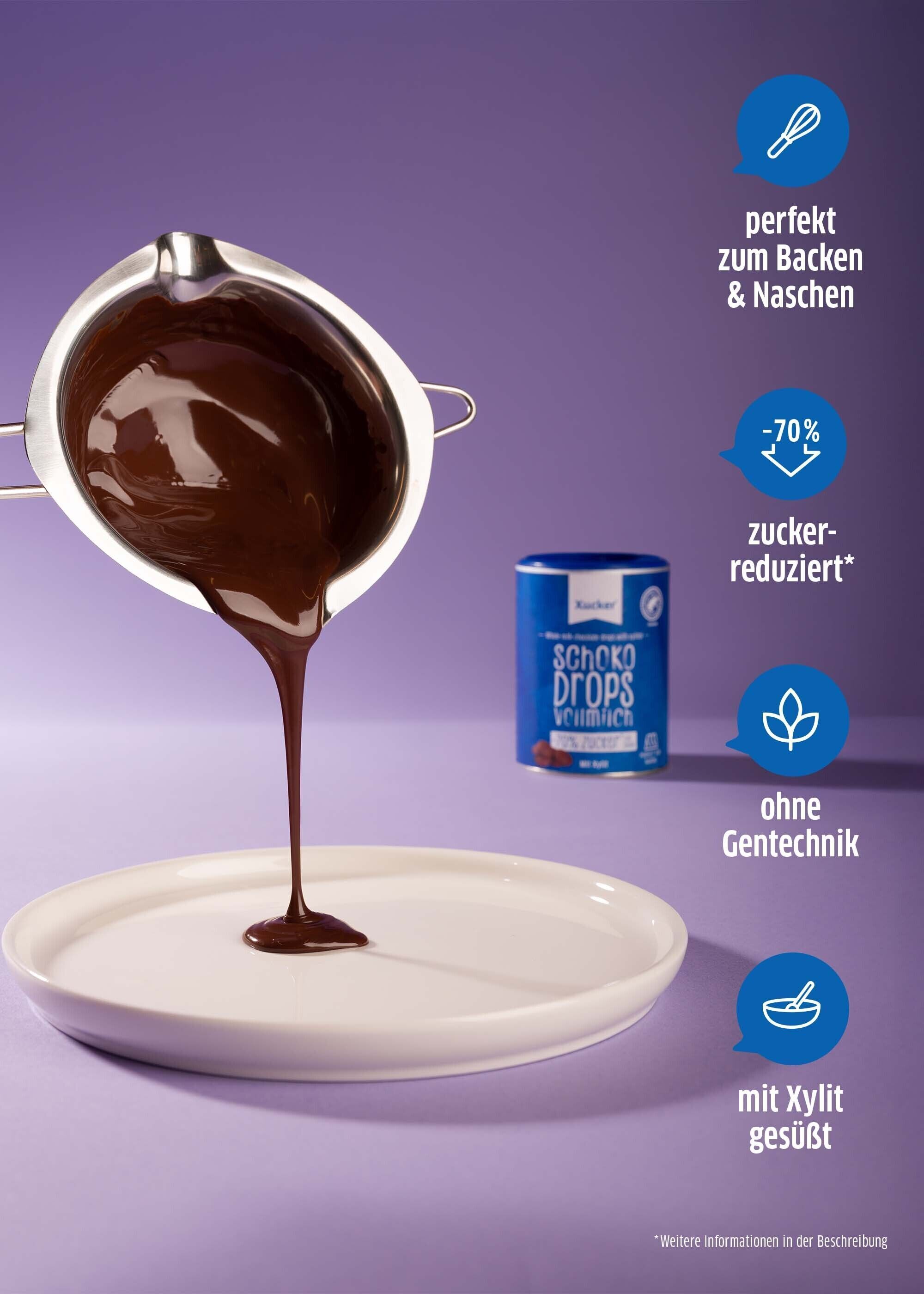 Qualitätssiegel betonen die hohen Standards der Vollmilch-Schokodrops.