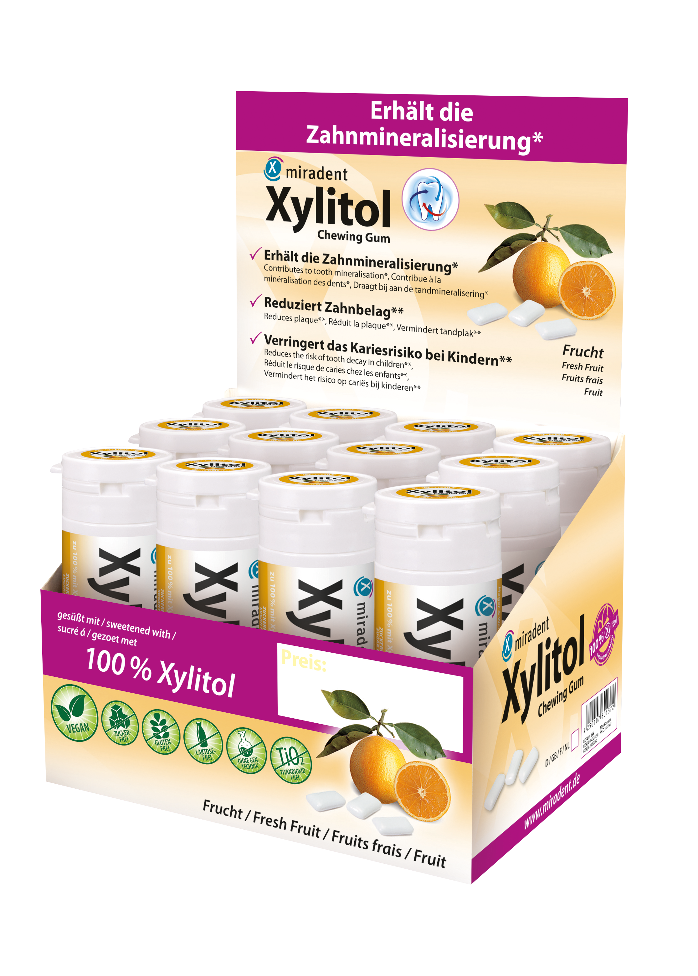 miradent Xylit-Kaugummis 12er-Karton Frucht