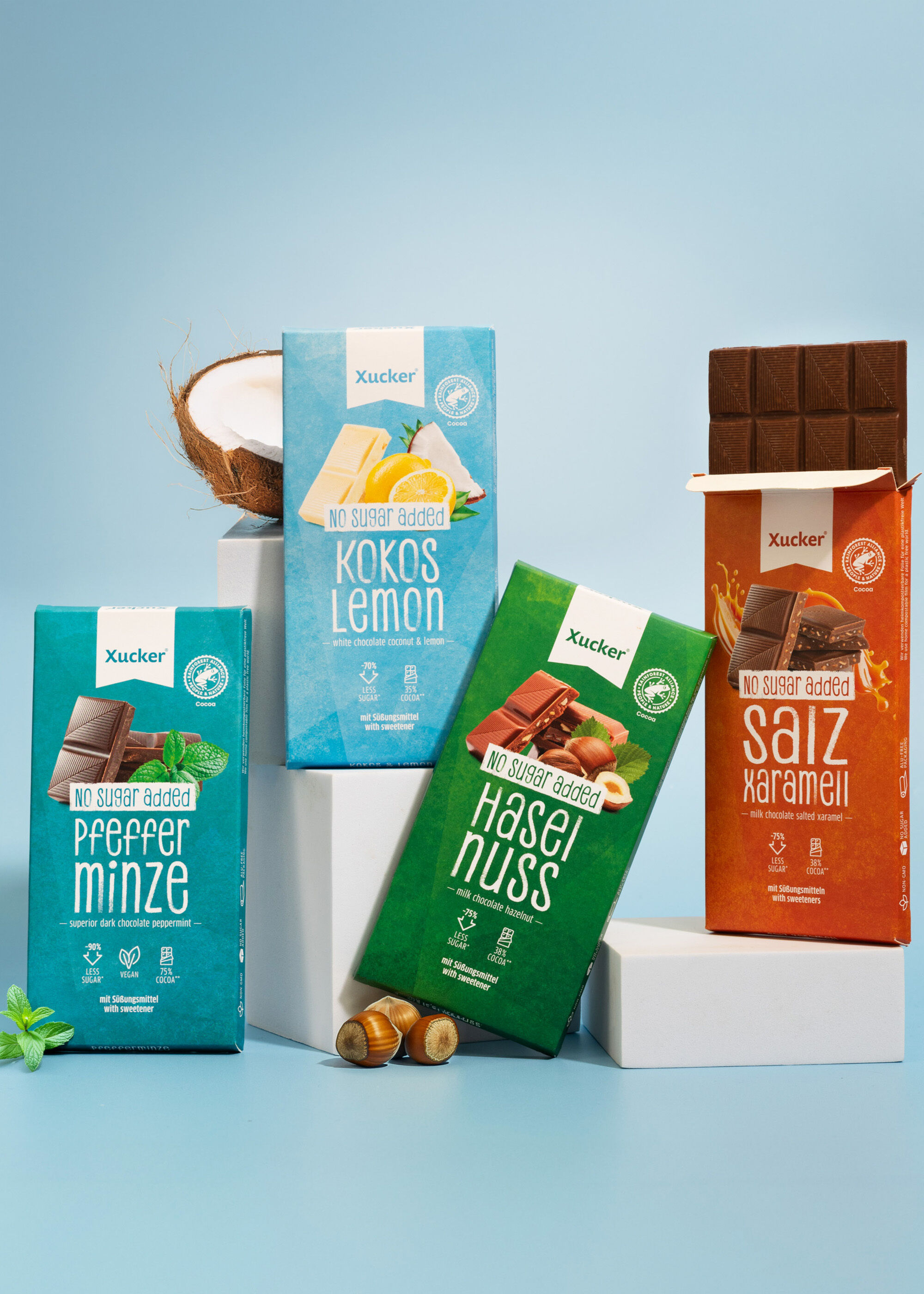 Xucker Schokoladen Spezial-Mix: Haselnuss, Kokos Lemon, Pfefferminz & Salz-Karamell – ohne Zuckerzusatz 