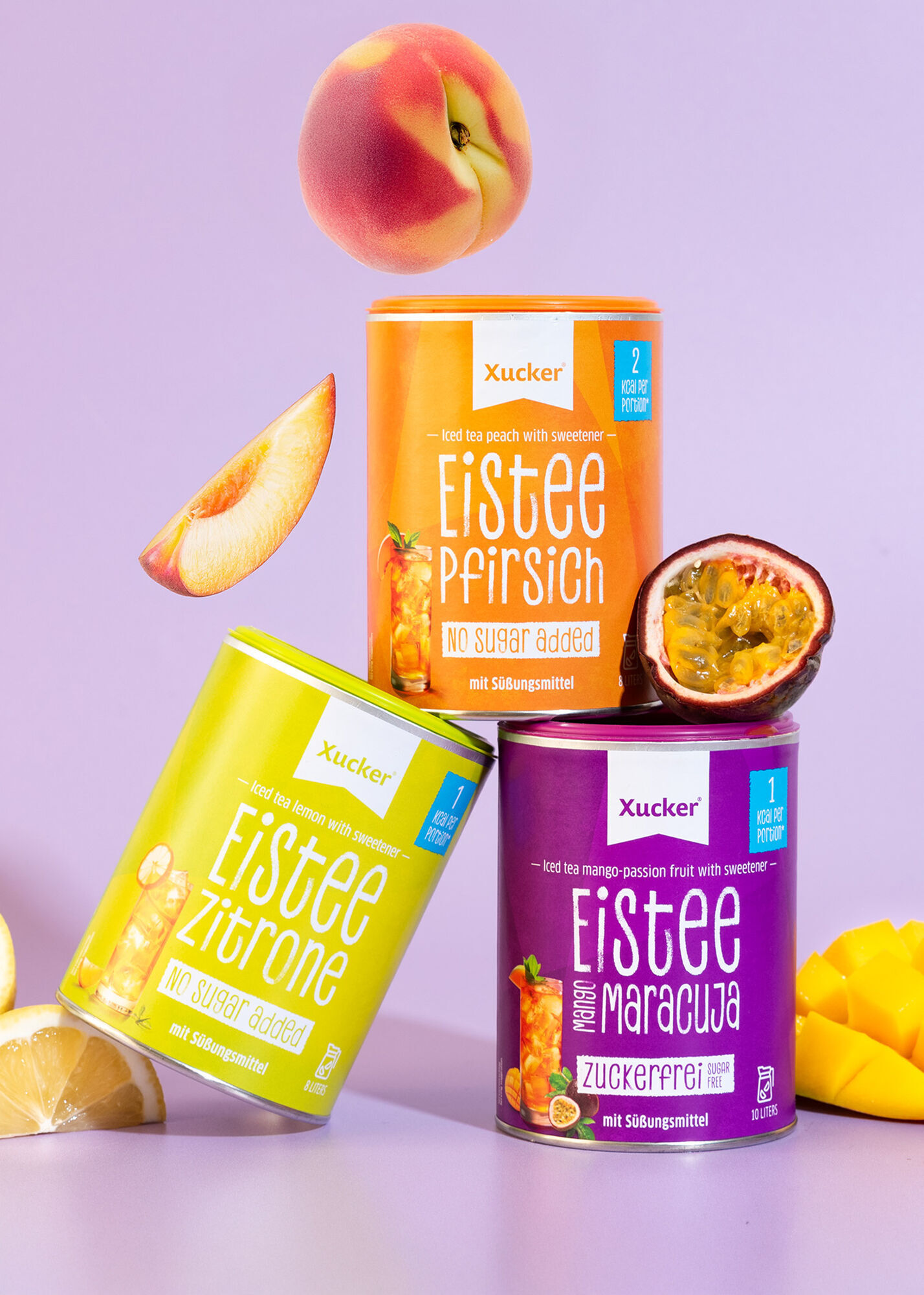 Xucker Eistee Zitrone, Pfirsich und Mango-Maracuja – zuckerarmes Pulver für erfrischende Eistee Getränke mit natürlichen Aromen 