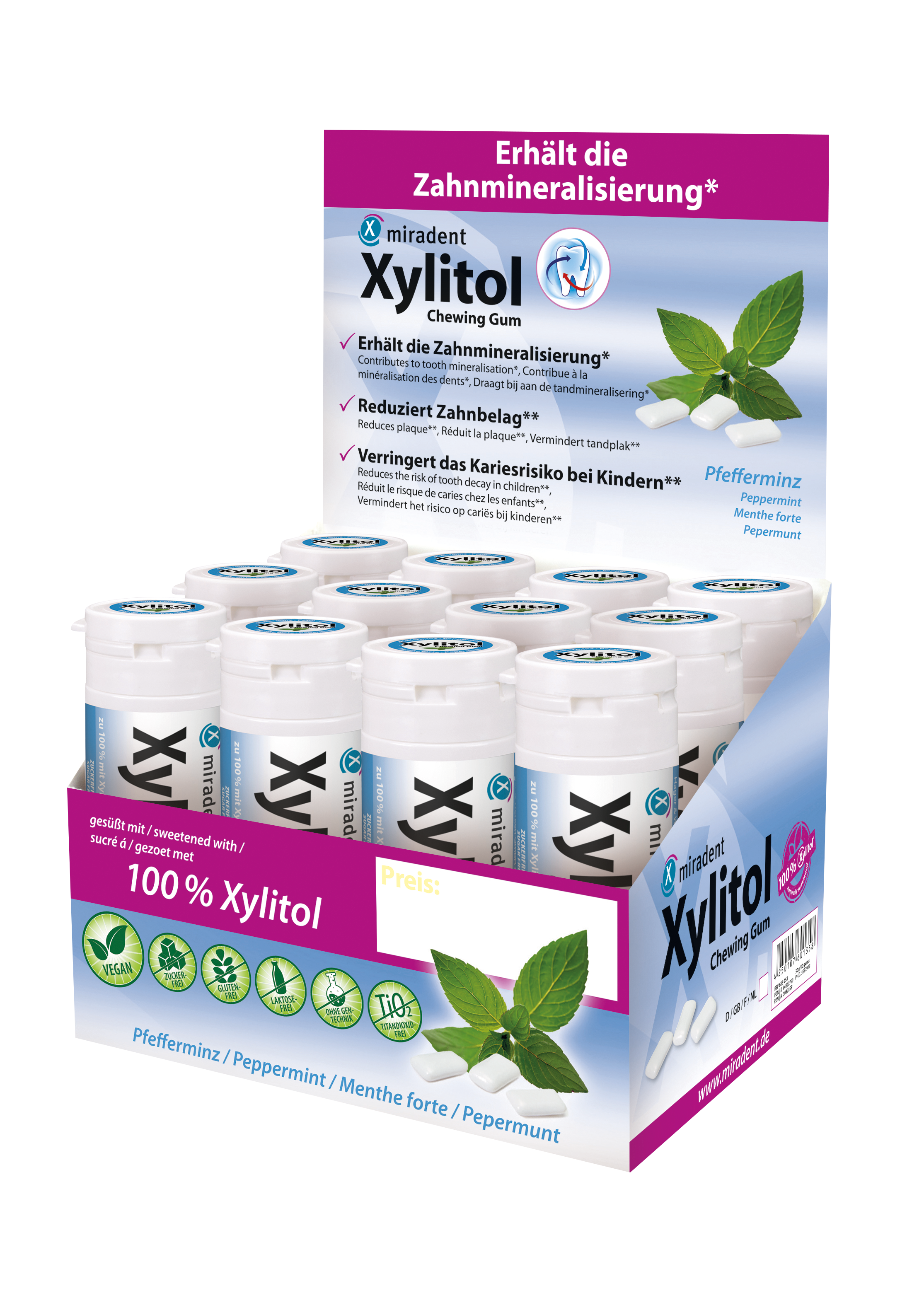miradent Xylit-Kaugummis 12er-Karton Pfefferminz (kräftig)