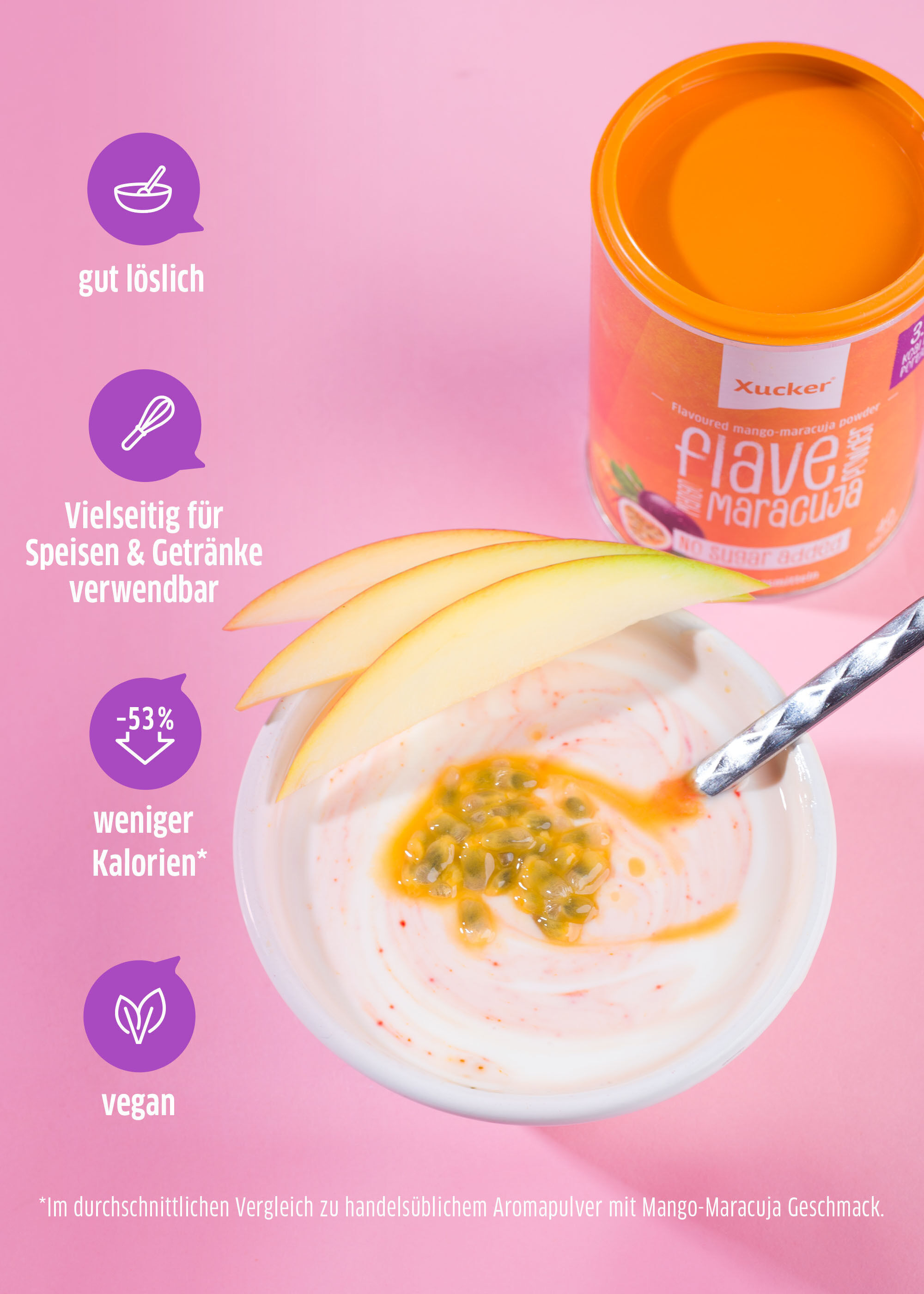 Xucker Mango-Maracuja Flave Powder – fruchtiges Pulver zum Verfeinern von Getränken und Desserts - mit den entsprechenden Qualitätssiegeln