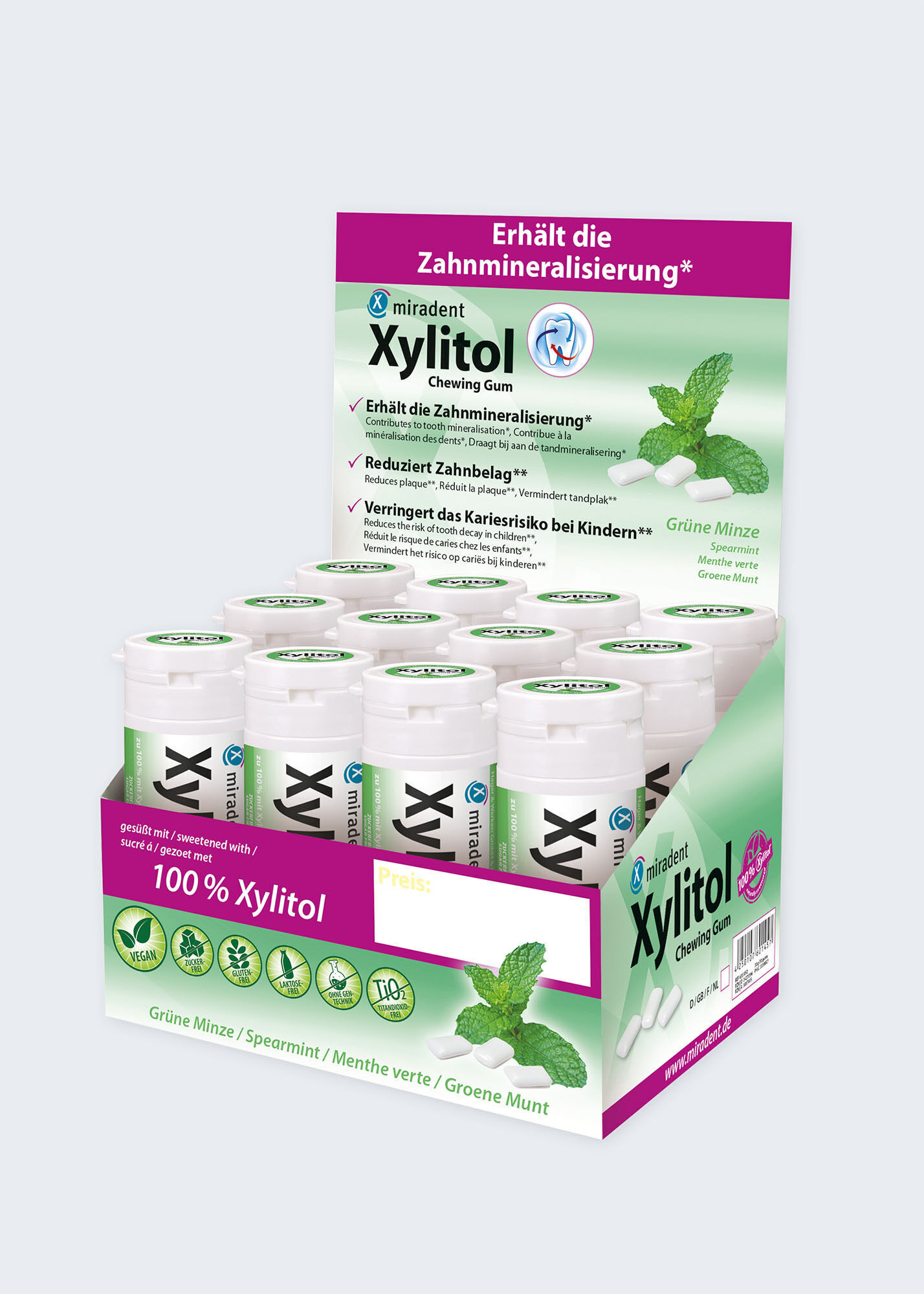 miradent Xylit-Kaugummis 12er-Karton Spearmint (mild)