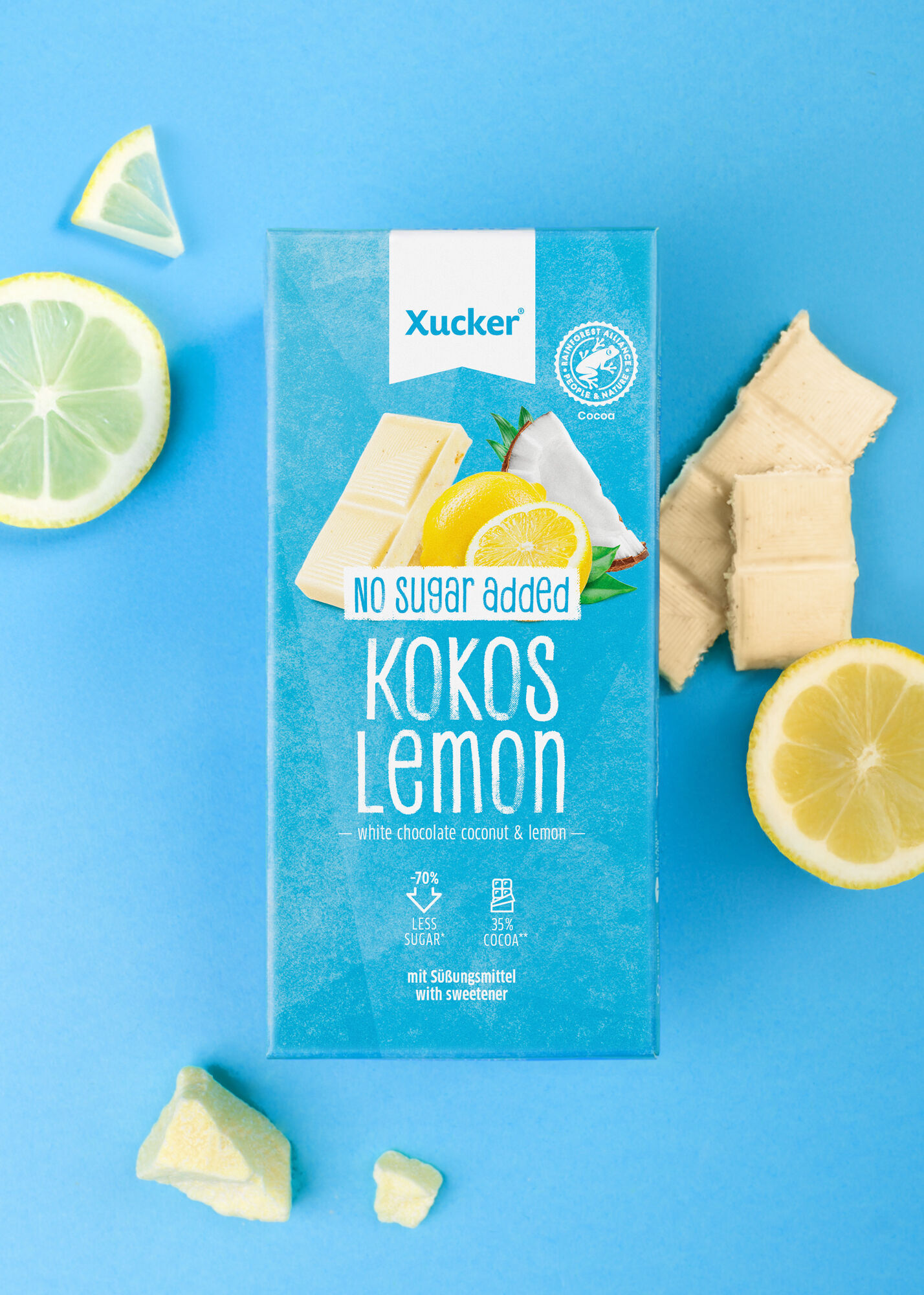 Schokolade Kokos Lemon von Xucker – zuckerreduzierte Nascherei mit Xylit, perfekt zum Snacken ohne Zuckerzusatz