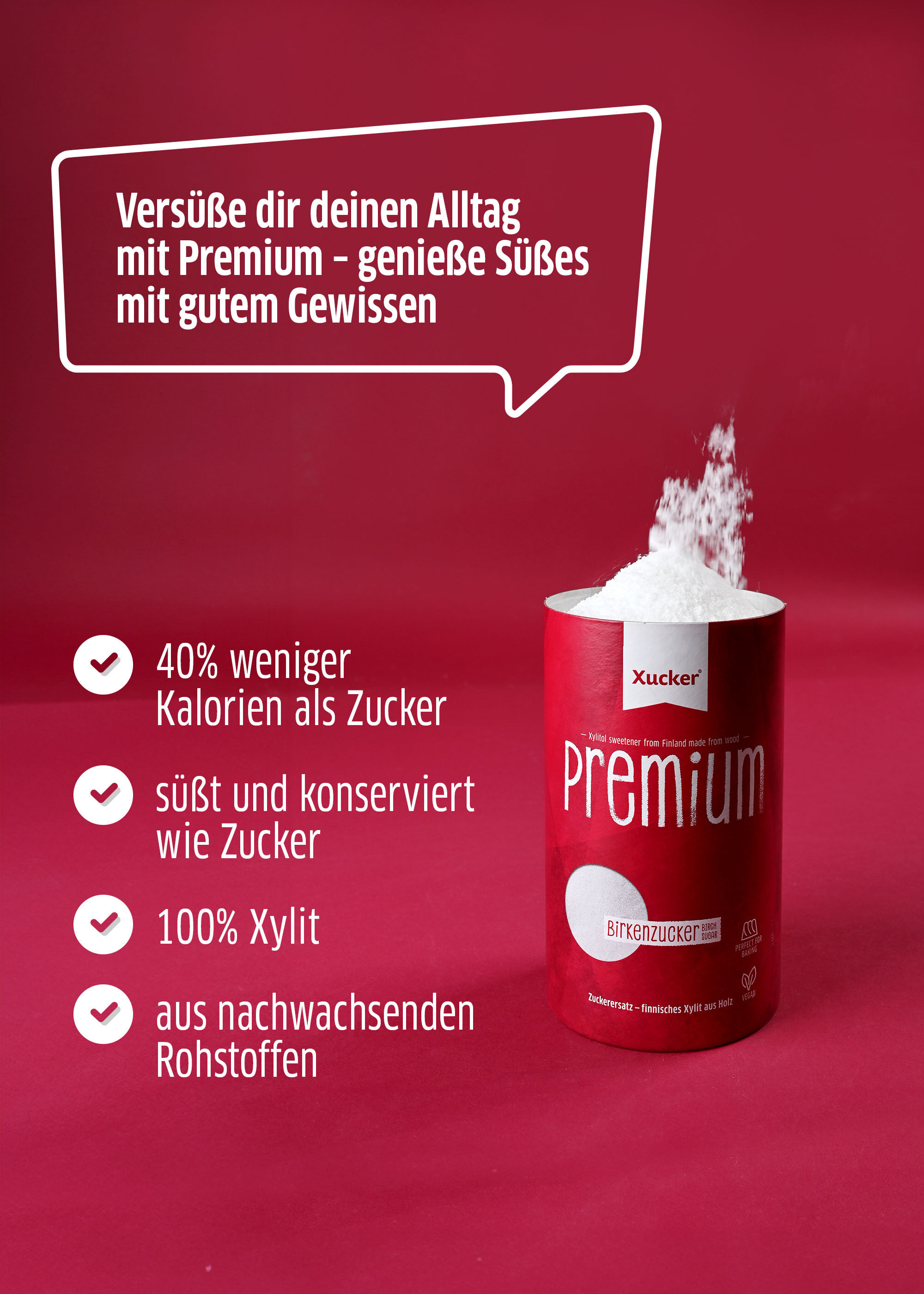 Xylit hat viele gute Eigenschaften, z.B. 40 % weniger Kalorien als Zucker