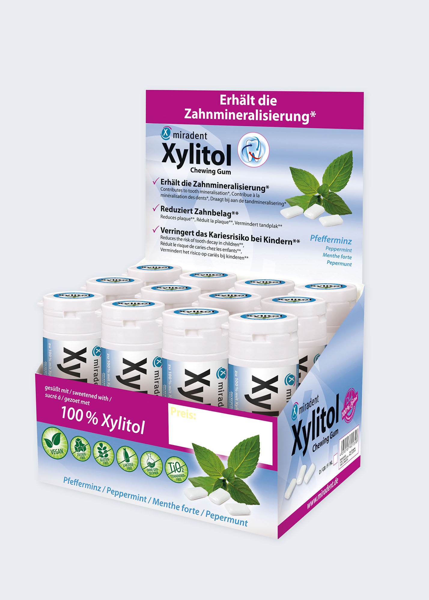 miradent Xylit-Kaugummis 12er-Karton Pfefferminz (kräftig)