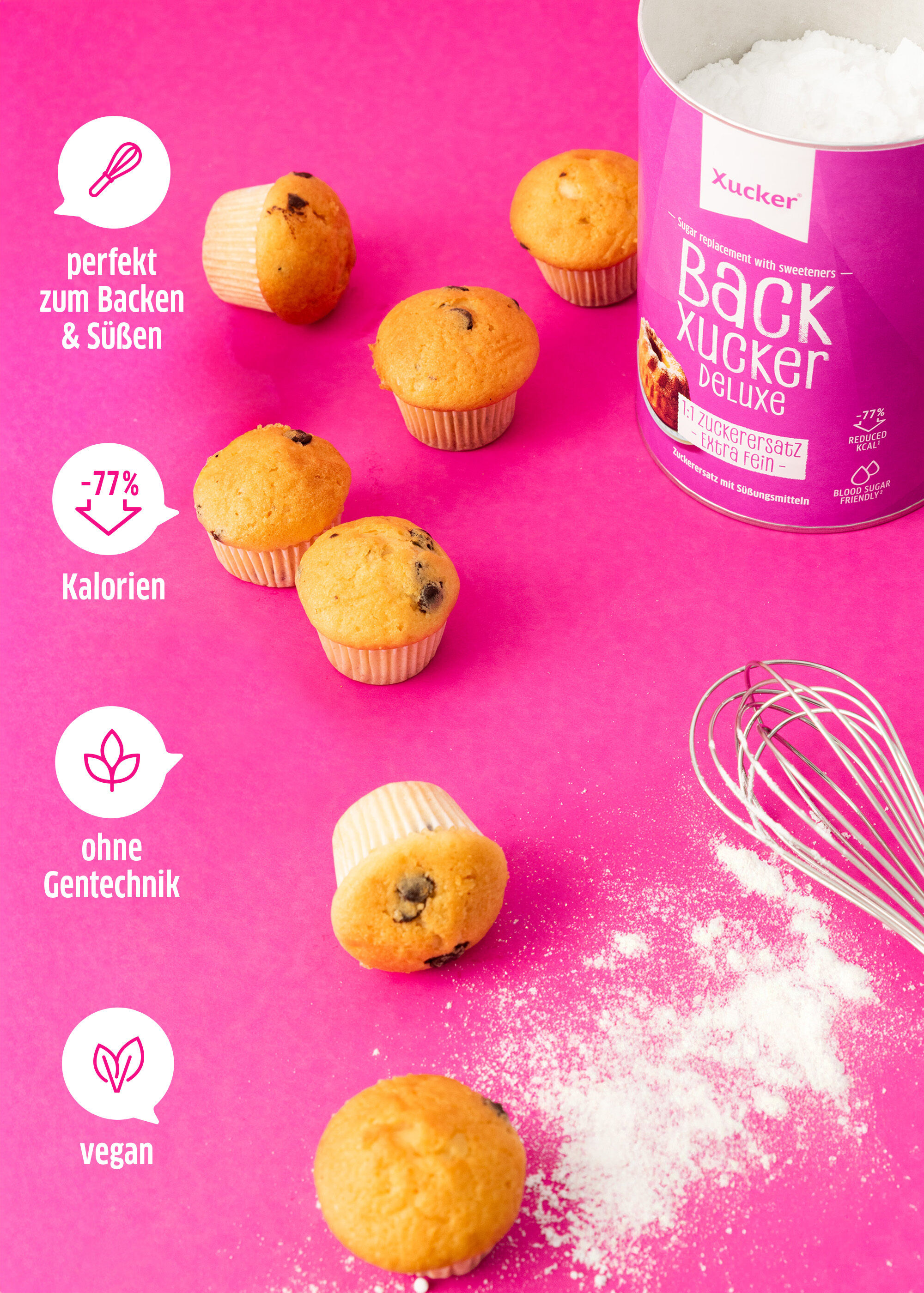 Backxucker, Schneebesen und Cupcakes zum Backen ohne Zucker