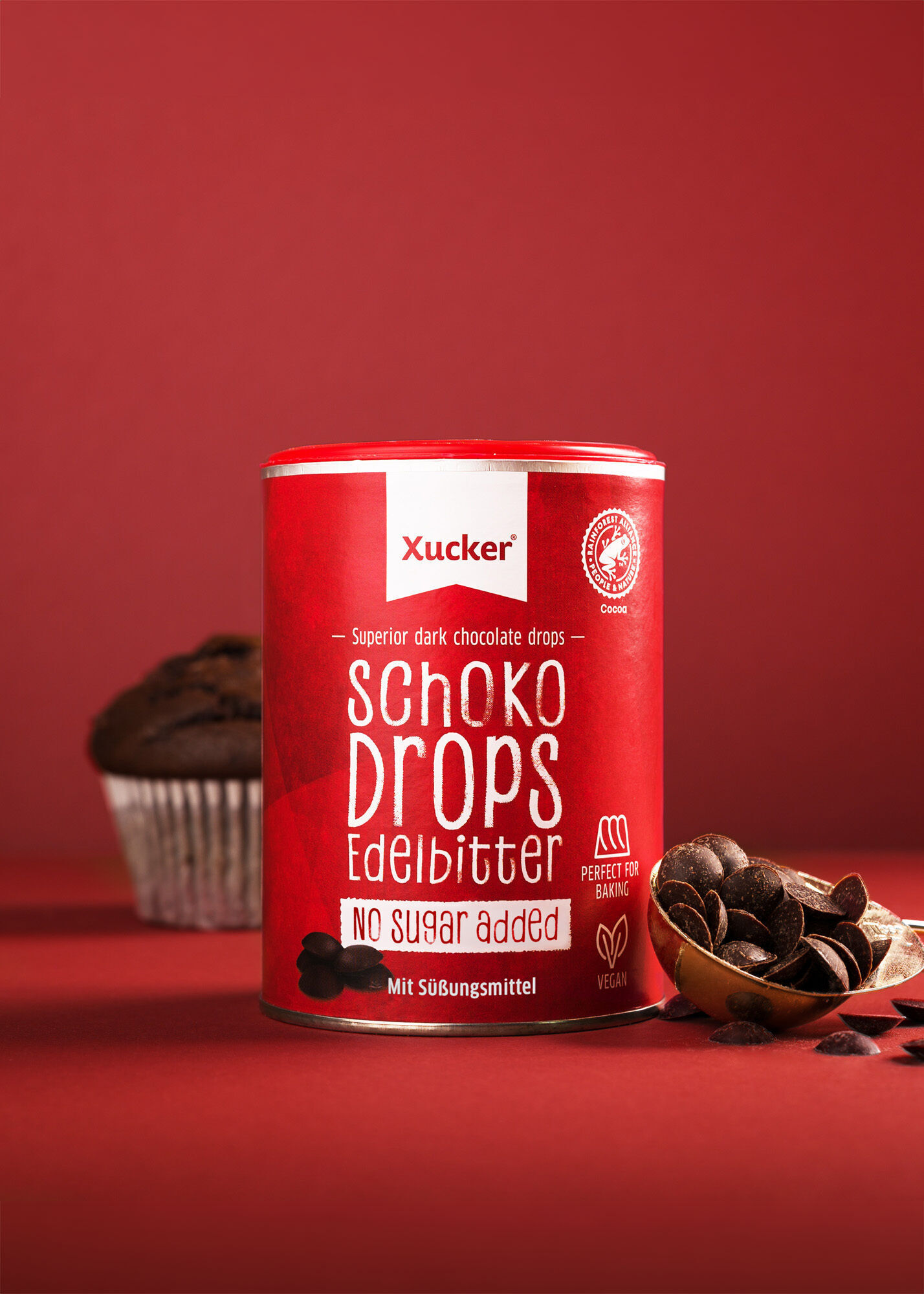 Vegane Schoko-Drops Edelbitter mit Xylit, Rainforest Alliance-zertifizierter Kakao, 200g Dose