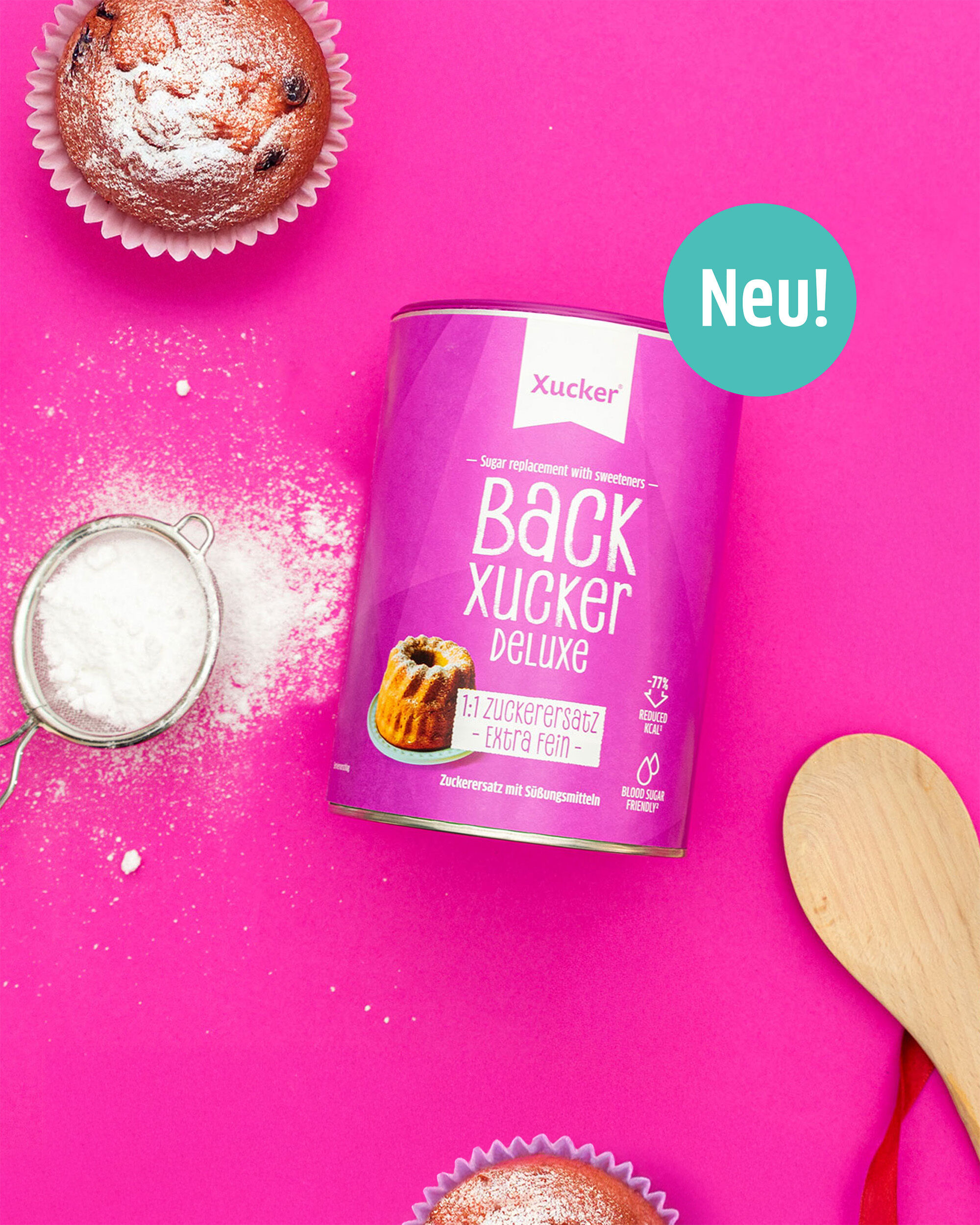 Dose mit Backxucker minus 99% Zucker.  , backen wie mit Zucker mit Weihnachtsdeko 