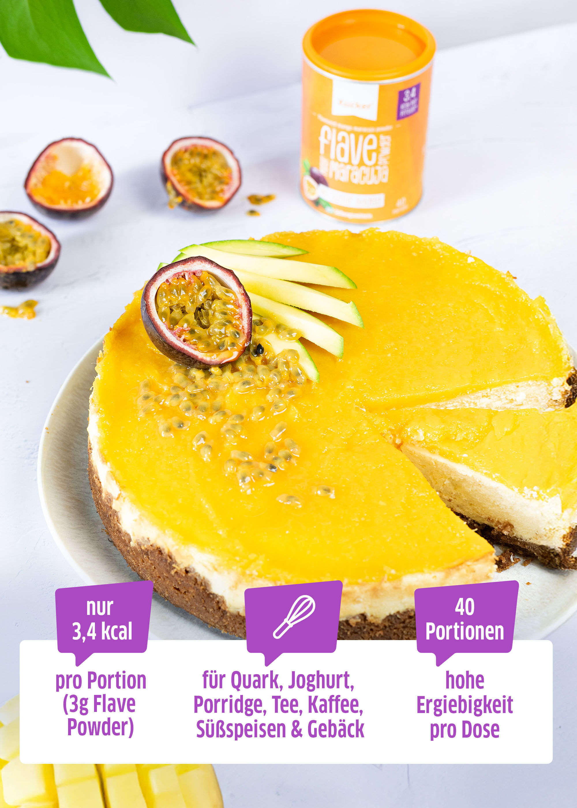 Xucker Mango-Maracuja Flave Powder – fruchtiges Pulver zum Verfeinern von Getränken und Desserts - hier in der Anwendung mit einem leckeren Kuchen